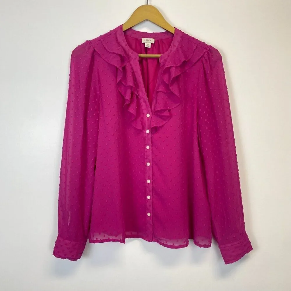 J. Crew Pink Textured Chiffon Ruffle Button Up Blouse